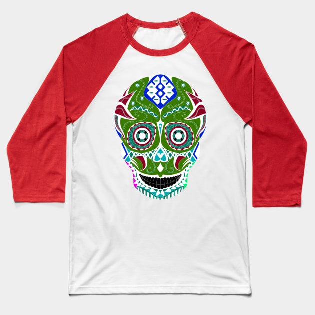 skull candy in mayan pattern ecopop Baseball T-Shirt by jorge_lebeau